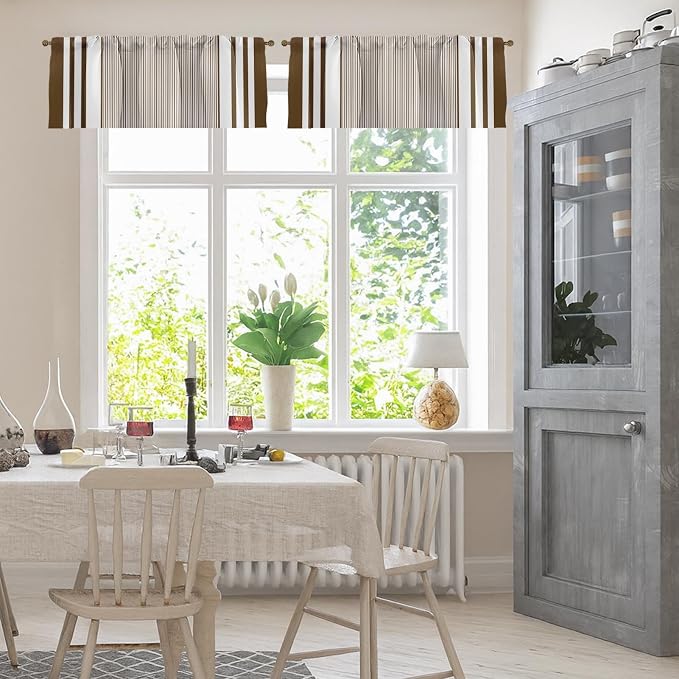 Emvency 2 Pack Valances Window Treatments, Striped Brown Minimalist Neutral - Image 2