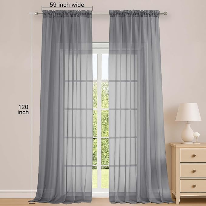 OWENIE Grey Sheer Curtains 120 Inches Long 2 Panels Set, Airy Lightweight Sheer - Image 2