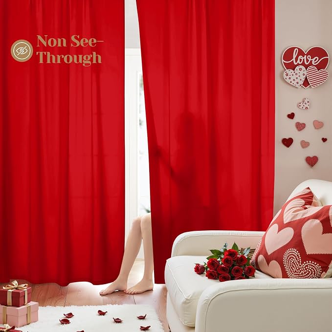 HOMEIDEAS Valentine's Day Non-See-Through Red Privacy Sheer Curtains, 52 X 84 by HOMEIDEAS
