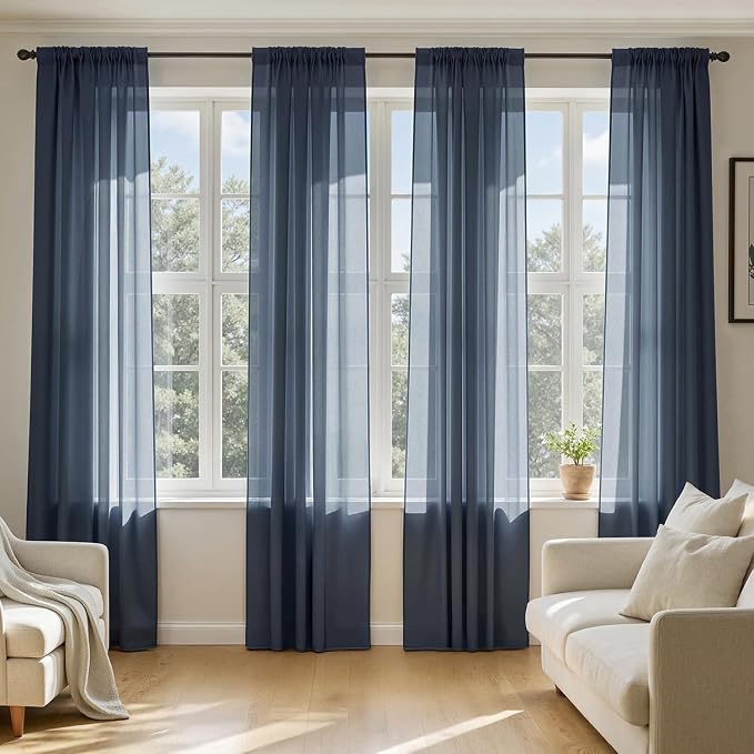 MIULEE Navy Blue Sheer Curtains 63 Inches Long, 4 Panels Set, Light Filtering by MIULEE