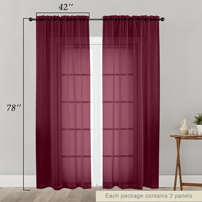 Burgundy Sheer Curtain for Bedroom Living Room 78 Inches Long 2 Panels Set - Image 2
