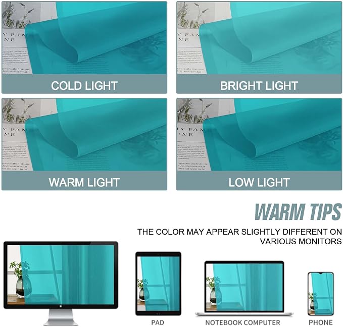 Turquoise Sheer Curtains 63 Inch Length 2 Panels, Voile Sheer Curtain - Image 6