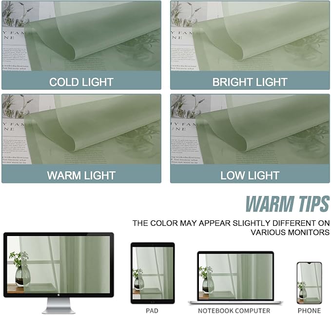 Sage Green Sheer Curtains 63 Inch Length 2 Panels, Voile Sheer Curtain - Image 6