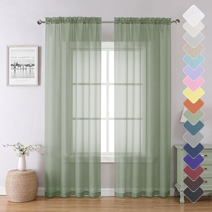 Lecloud Sage Green Sheer Curtains 84 Inches Long 2 Panels Set, Solid Voile by Lecloud