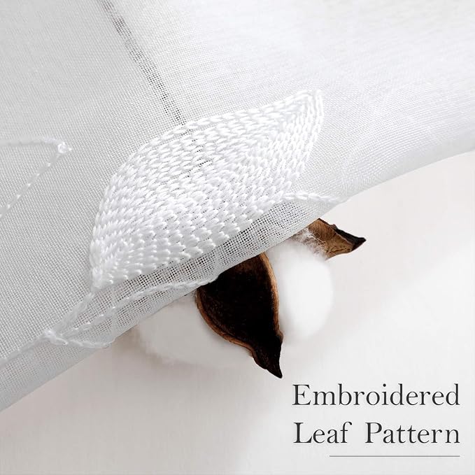 HOMEIDEAS White Sheer Kitchen Curtains 52 x 45 Inch Length 2 Panels Embroidered - Image 3