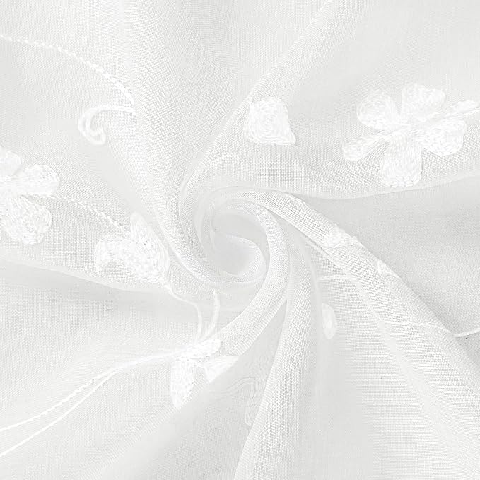 HOMEIDEAS White Sheer Curtains 63 Inch Length 2 Panels White Embroidered Floral - Image 9