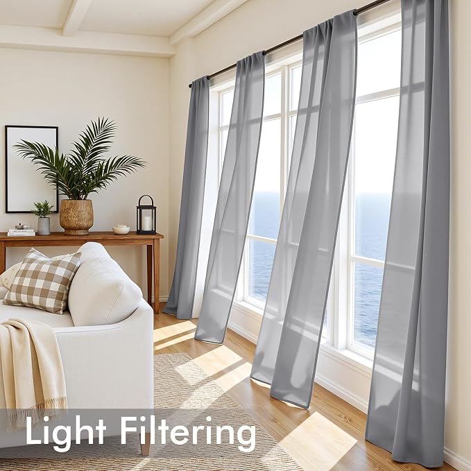 MIULEE Dark Grey Sheer Curtains 63 Inches Long, 4 Panels Set, Rod Pocket Light - Image 4