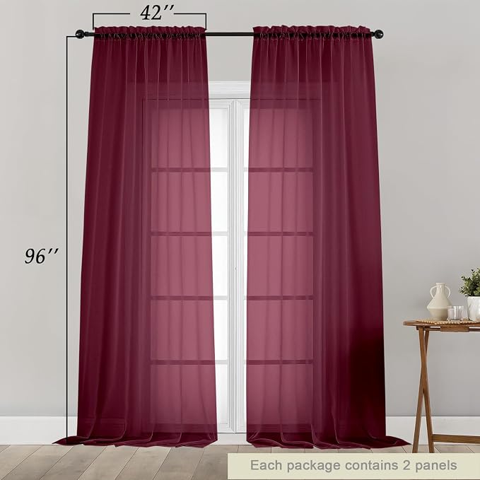Burgundy Sheer Curtains for Bedroom Living Room 96 Inches Long 2 Panels - Image 2