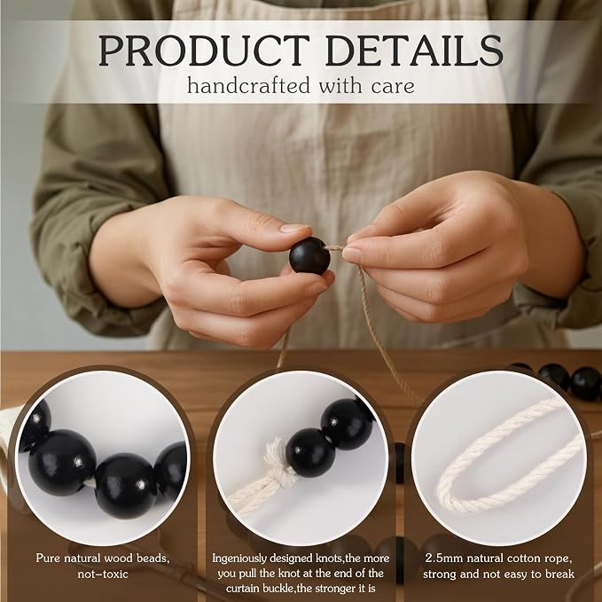 Hion 2 Pcs Boho Curtain Tiebacks, Wood Beads Curtain Holdbacks, Outdoor - Image 3
