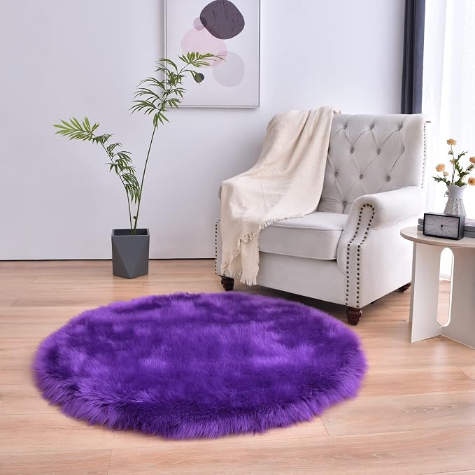 duduta Purple Faux Sheepskin Round Rug 4x4 ft, Fluffy Shag Fur Bedroom Nursery - Image 5