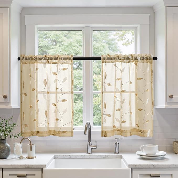 MIULEE Beige Sheer Kitchen Curtains 30x36 Inches Length 2 Panels Embroidered by MIULEE