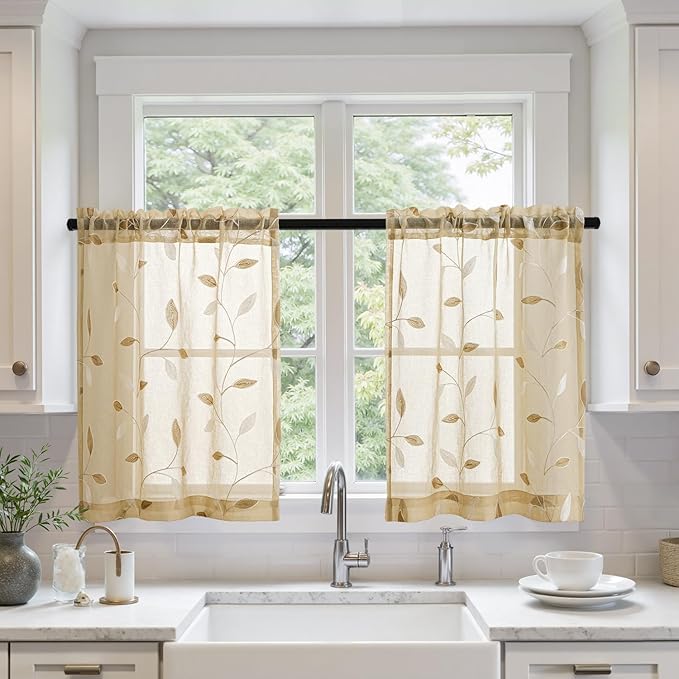 MIULEE Beige Sheer Curtains 2 Panels Embroidered Leaf Patterned Rod Pocket by MIULEE