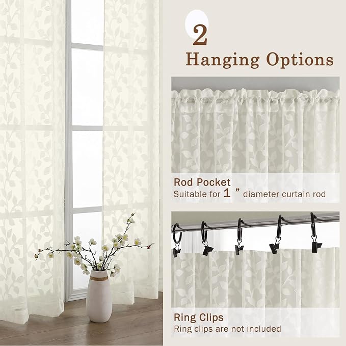 Chyhomenyc Ivory Sheer Curtains 24 Inch Length, Light Filtering Leaf Tufted - Image 6