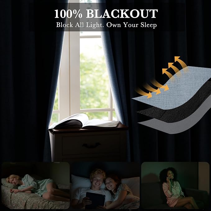 RYB HOME Smoky Blue 100% Blackout Linen Curtains 72 inch Long, Thermal - Image 3