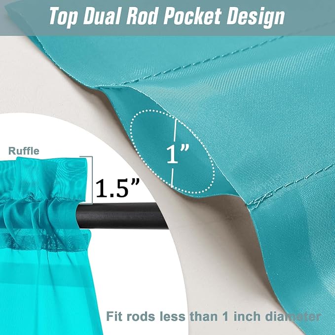 Turquoise Small Sheer Curtains 2 Panels Set, Kitchen Curtains 36 Inch Length - Image 3