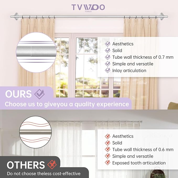 TVWOO Silver Wrap Around Curtain Rods:5/8 In Blackout Adjustable Window Curtain - Image 6