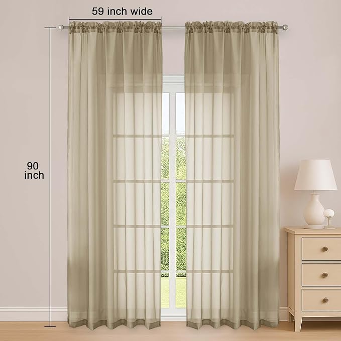 OWENIE Taupe Sheer Curtain 90 Inches Long 2 Panels Set, Solid Filmy Drapes - Image 2