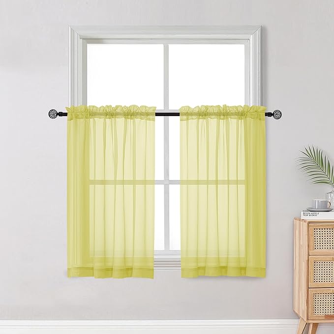 OWENIE Short Lemon Sheer Curtains 36 Inch Length 2 Panels Set, Kitchen Tiers by OWENIE