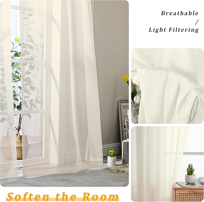 Gwine Cream Sheer Curtains for Bedroom 54 inches Long 2 Panels, Light Filtering - Image 3