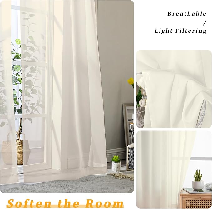 Gwine Cream Sheer Curtains 68 Inches Long 2 Panels Set, Light Filtering Sheer - Image 3