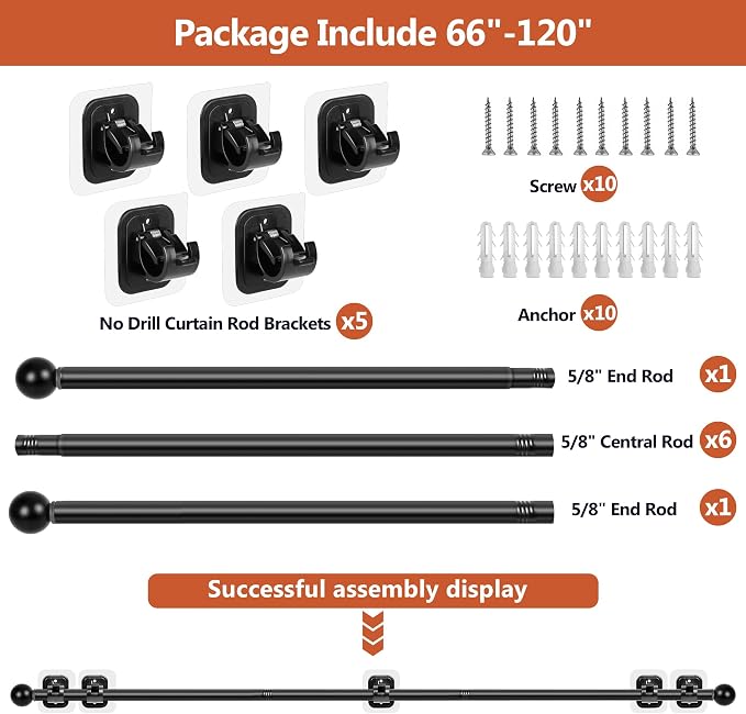 Curtain Rods No Drilling for Windows Set 66 to 120-128 Inch, 5/8 Inch Diameter - Image 4