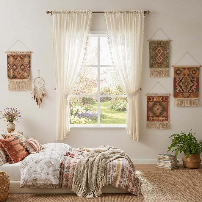 WAZZIO Boho Lace Curtains 2 Panels 54 Inches -Cute Vintage Victorian Sheer - Image 2