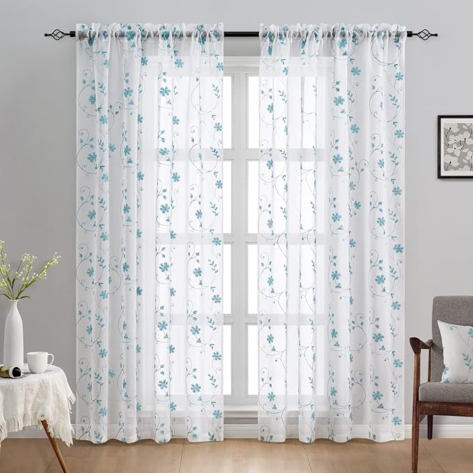 HOMEIDEAS White and Blue Embroidered Floral Sheer Curtains 96 Inches Long 2 - Image 2