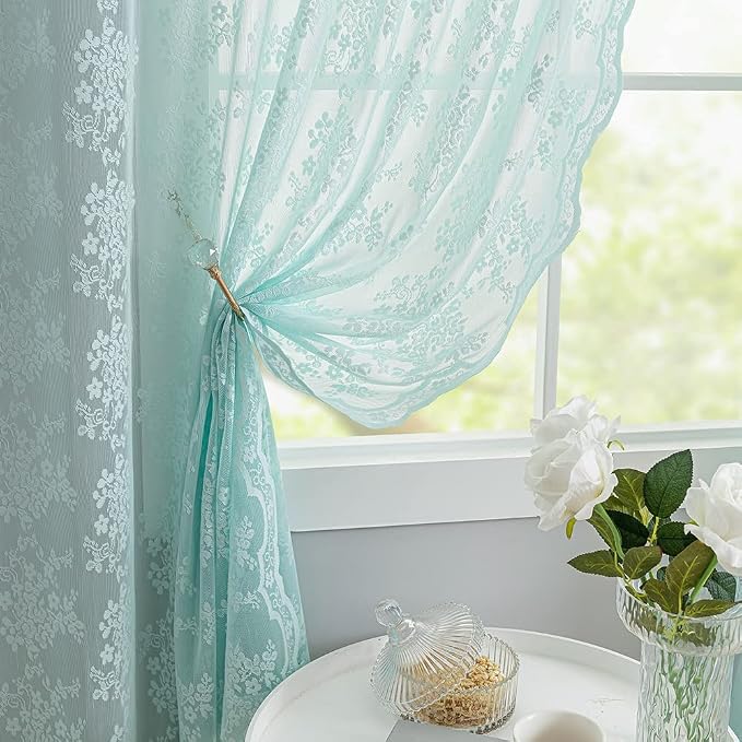 YJ YANJUN Vintage Lace Curtains 96 Inches Long-Victorian Floral Pattern Aqua - Image 5