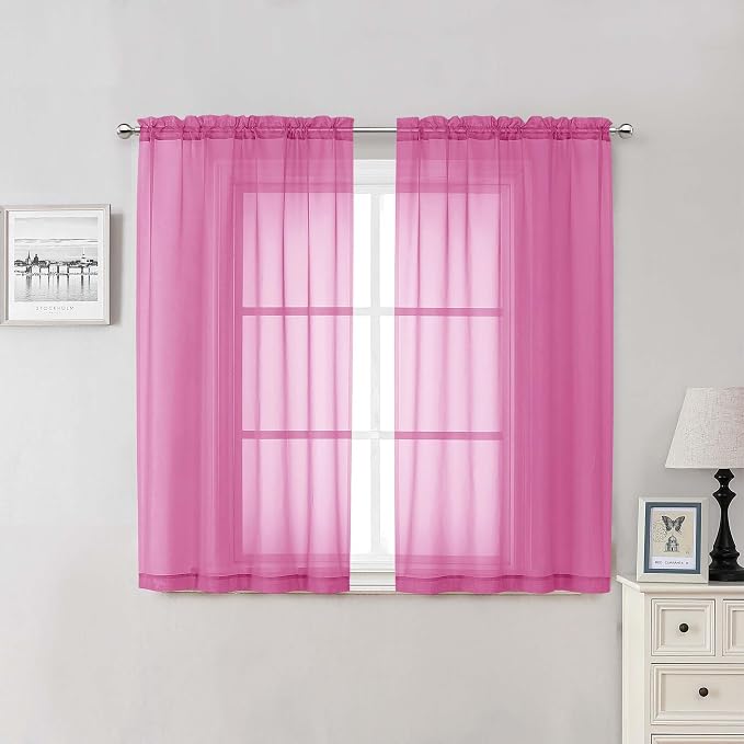 Lecloud Hot Pink Sheer Curtains 54 Inch Length 2 Pcs, Solid Color Voile Modern by Lecloud