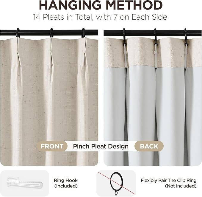 Joydeco 100% Blackout Pleated Curtains, Linen Window Curtains 2 Panel Sets 108 - Image 3