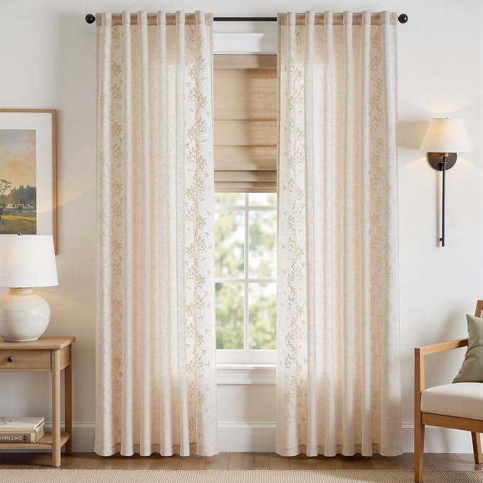 jinchan Evelyn Embroidered Linen Curtains Ivory Farmhouse Floral Window Drapes - Image 2