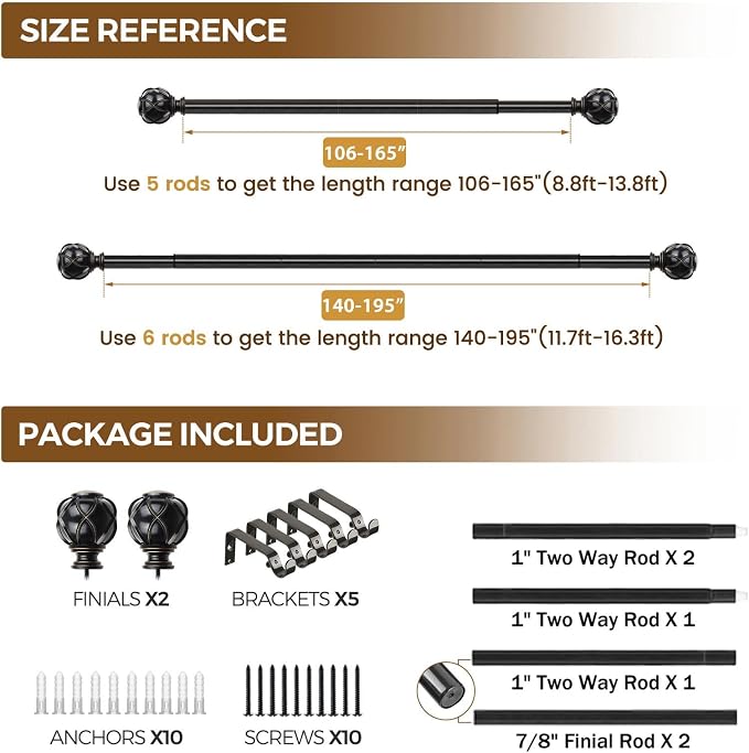 KAMANINA 1 Inch Extra Long Curtain Rod 140 to 195 Inches Black Heavy Duty - Image 8