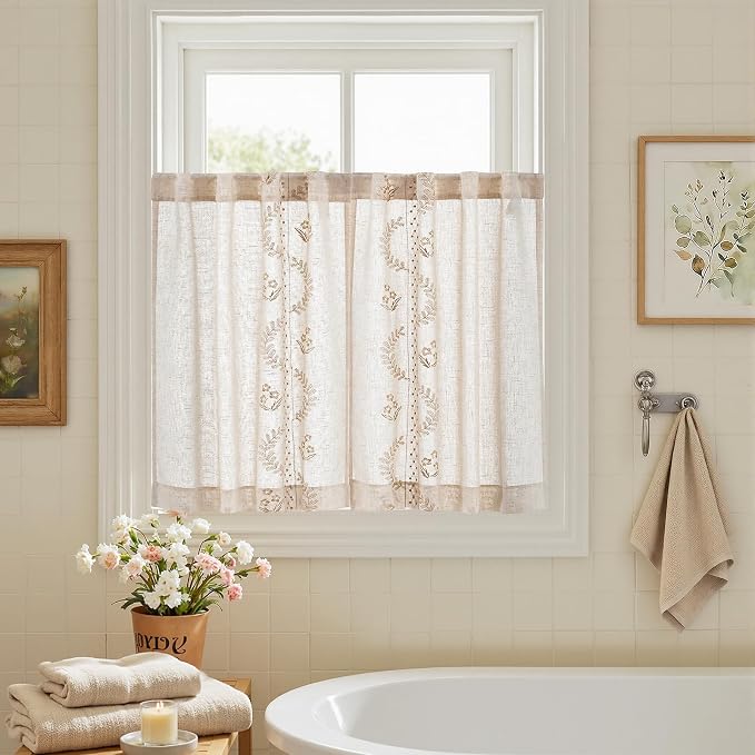 jinchan Belrose Linen Floral Kitchen Curtains 36 inch Length Embroidered - Image 9
