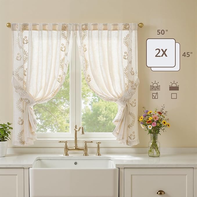 jinchan Belrose Linen Floral Cafe Curtains 45 Inch Length Embroidered Farmhouse - Image 5
