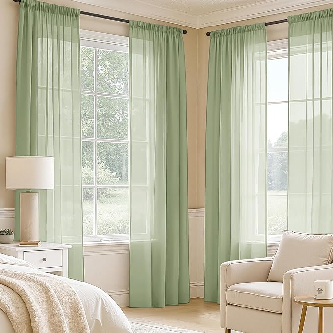 MIULEE Sage Green Sheer Curtains 96 Inches Long, 4 Panels Set, Light Filtering - Image 2