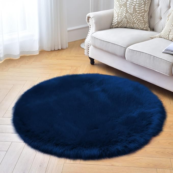 duduta Navy Blue Faux Sheepskin Round Rug 4x4 ft, Fluffy Shag Fur Bedroom - Image 6