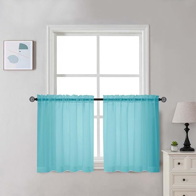 Chyhomenyc Aqua Sheer Curtains 30 inch Length 2 Panels, Light Filtering Voile by Chyhomenyc