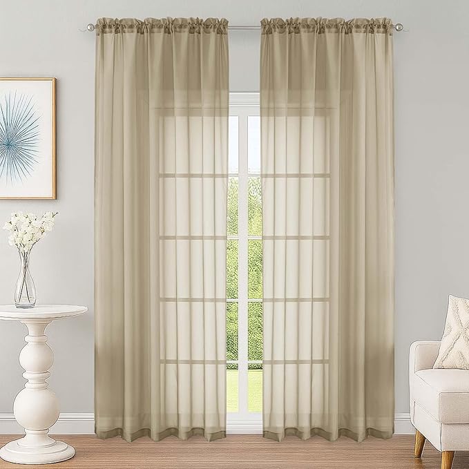 OWENIE Taupe Sheer Curtain 90 Inches Long 2 Panels Set, Solid Filmy Drapes by OWENIE
