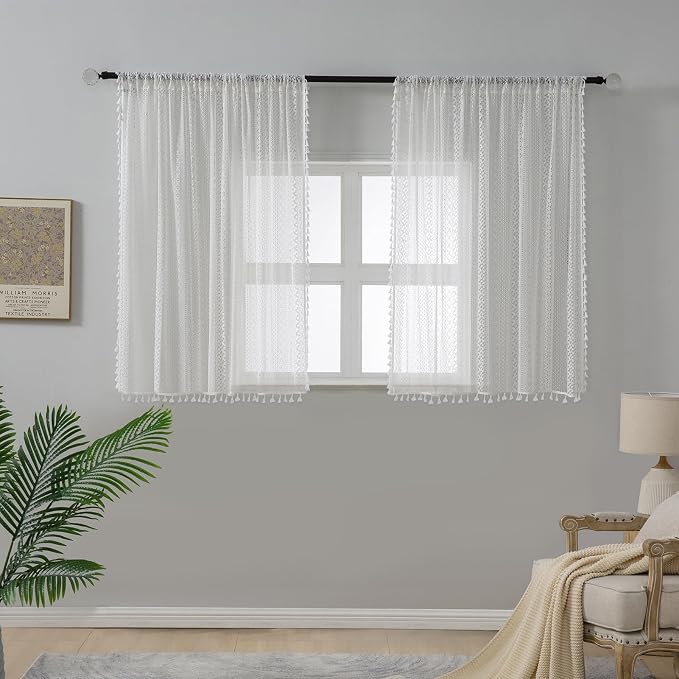 WAZZIO Boho Lace Curtains 45 Inches 2 Panel, Light Filtering Privacy Tassel & - Image 2