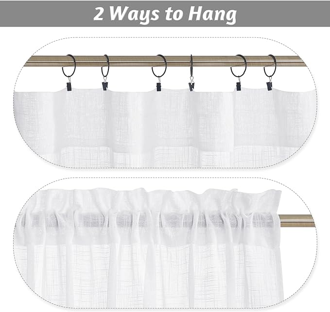 RYB HOME Short Kitchen Valances and Curtain Set, Privacy White Linen Swag - Image 6