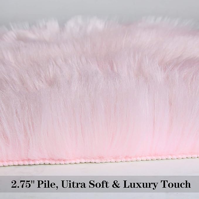 duduta Pastel Pink Rug Faux Sheepskin Fur 2x3 ft, Fluffy Shag Throw Rugs - Image 3
