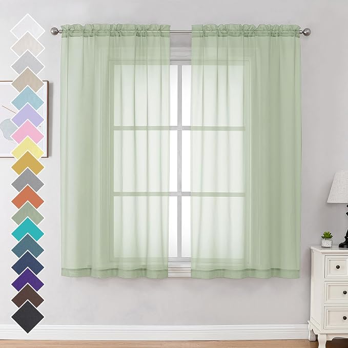 OVZME Light Green Sheer Curtains 63 Inches Long 2 Panels by OVZME