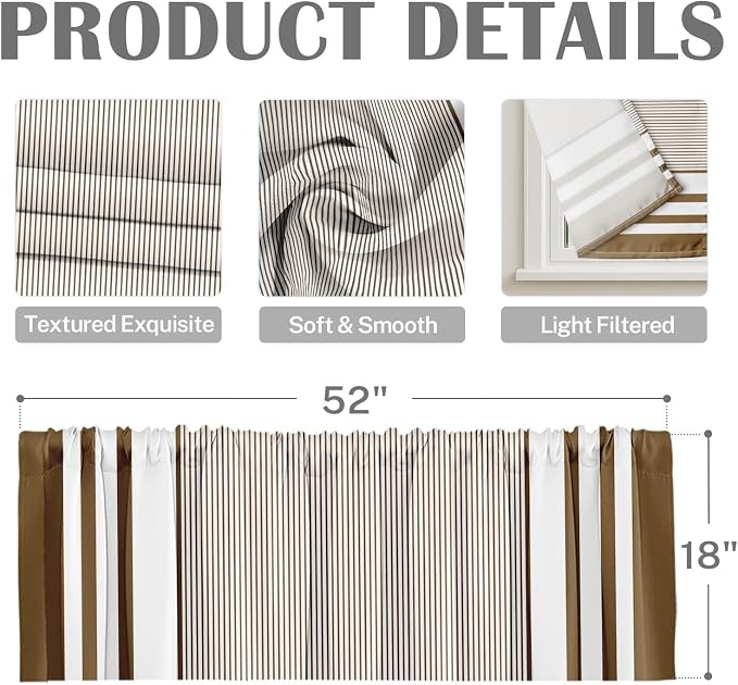 Emvency 2 Pack Valances Window Treatments, Striped Brown Minimalist Neutral - Image 3