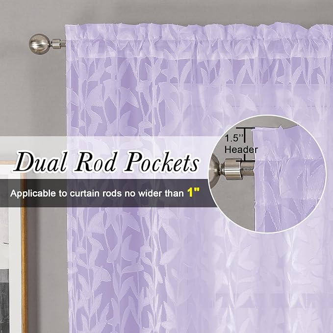 Lecloud Leia 2 PCS Light Purple Sheer Kitchen Curtains 36 Inch Length, - Image 2
