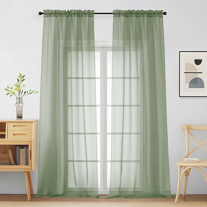 Sage Green Sheer Curtains for Window 96 Inches Long 2 Panels, Soft Airy Light by Home