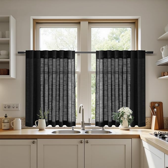 Nanspring Black Linen Curtains 30 Inch Length Short Kitchen, Privacy Linen - Image 5