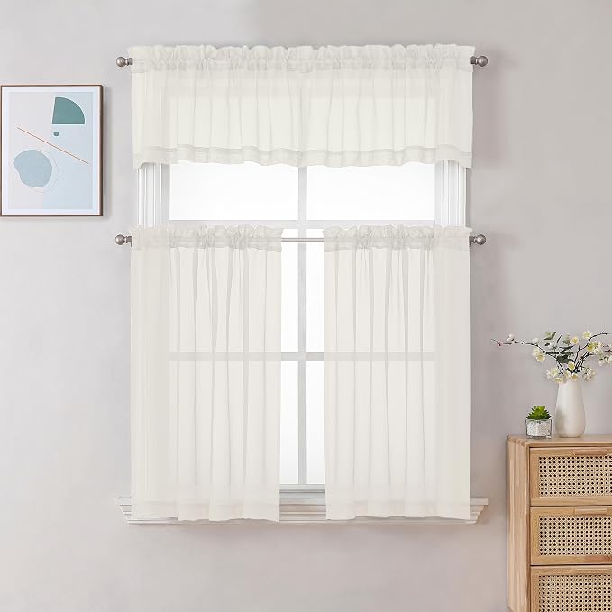 Gwine Ivory Sheer Curtains 30 Inch Length, Short Light Filtering Voile Small - Image 2