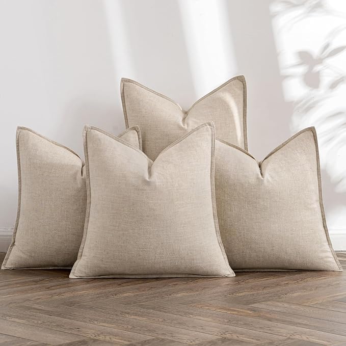 MIULEE Beige Linen Pillow Covers Pack of 4 Decorative Natural Solid Throw by MIULEE