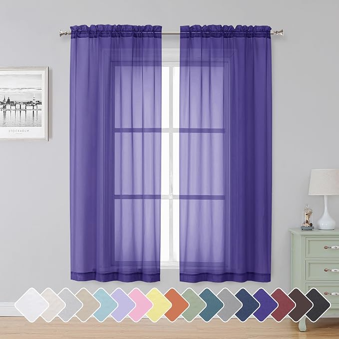 Simplebrand Purple Sheer Curtains 63 Inch Length 2 Panels, Rod Pocket Solid by Simplebrand