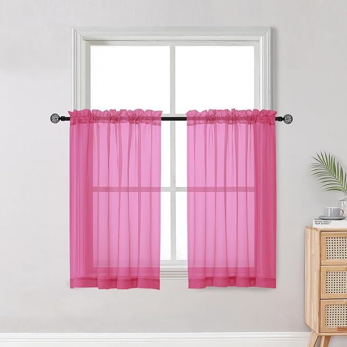 OWENIE Short Hot Pink Sheer Curtains 36 Inch Length 2 Panels Set, Kitchen Tiers by OWENIE
